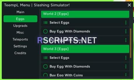 Preview of Slashing Simulator Script(Auto Farm, Auto Sell, Teleports, Auto Eggs & More)