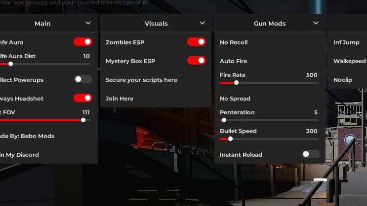 knife aura fov changer esp for box and zombies and gun mods
