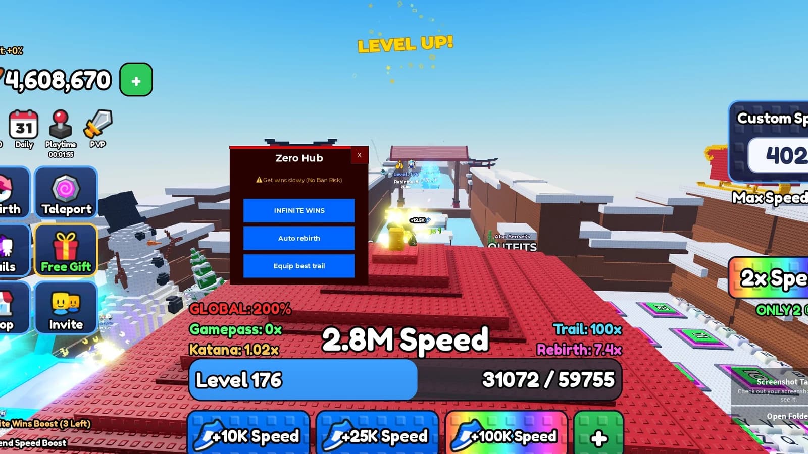 Infinite wins, Auto rebirth, Equip best train 