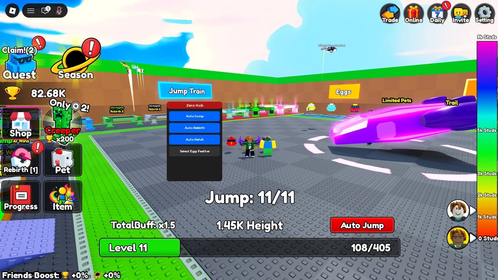 Auto jump, Auto rebirth, Fast hatch eggs