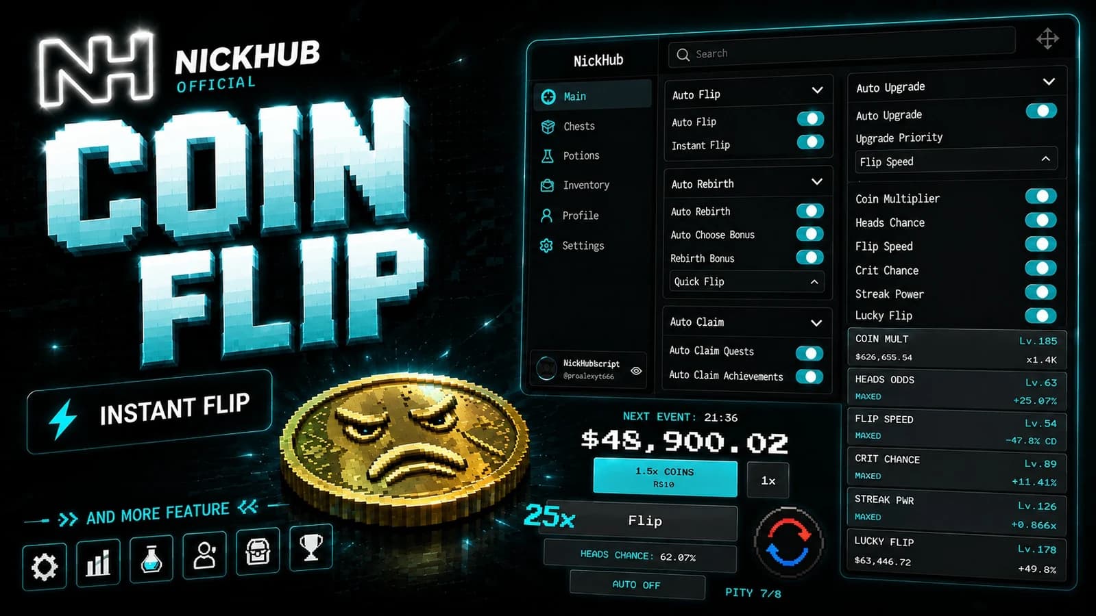 COIN FLIP | INSTANT FLIP | AUTO UPGRADE | AUTO REBIRTH | ETC