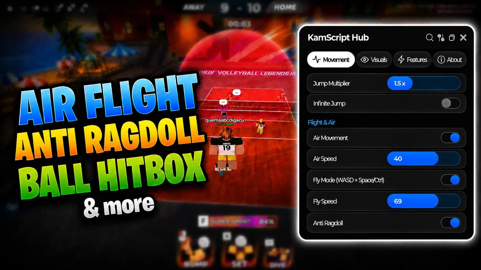 air flight, ball hitbox, anti ragdoll, aimbot, antiban &more
