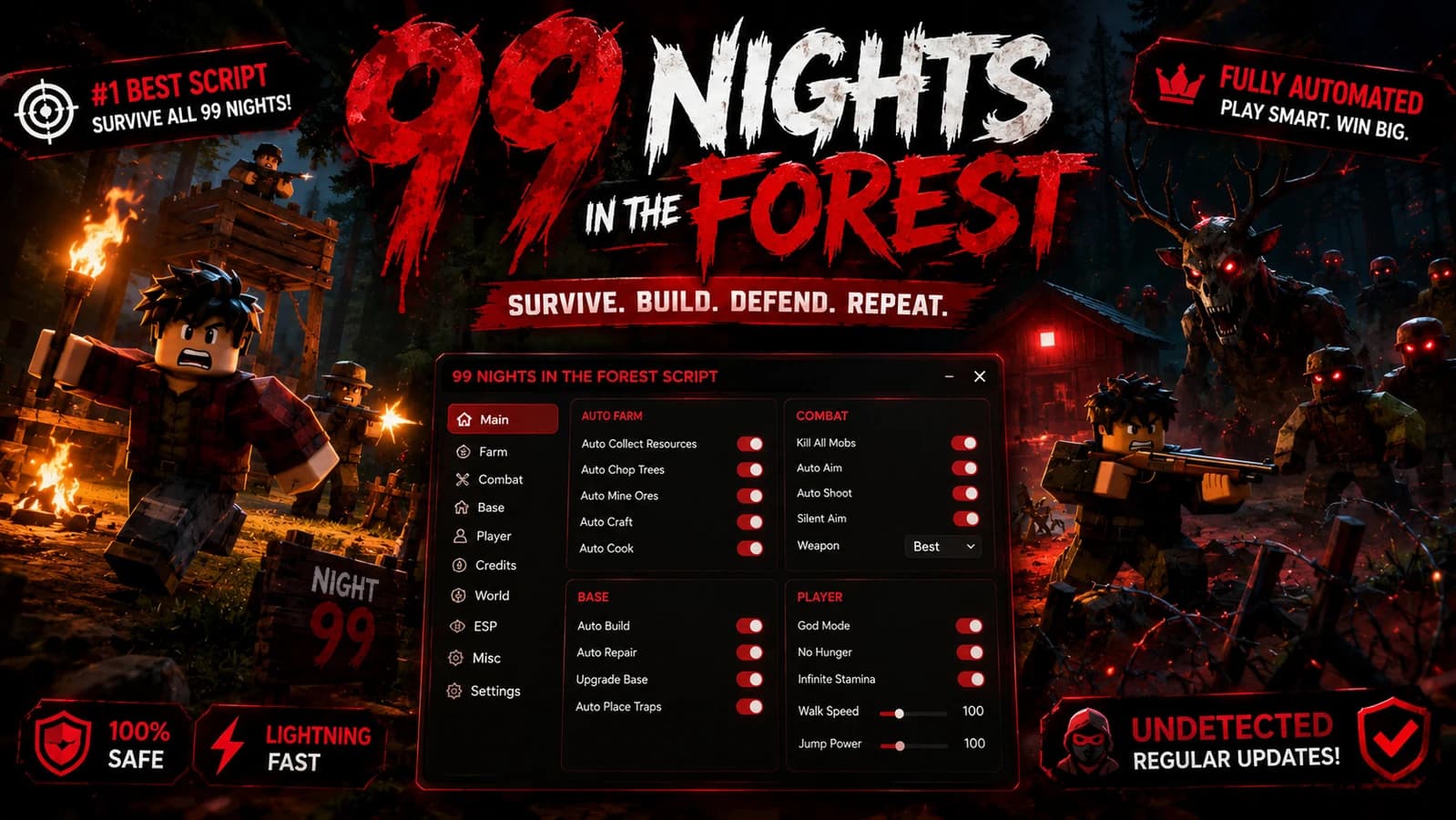 99 NIGHTS AUTO-SURVIVE + ESP | NO KEY | 2026