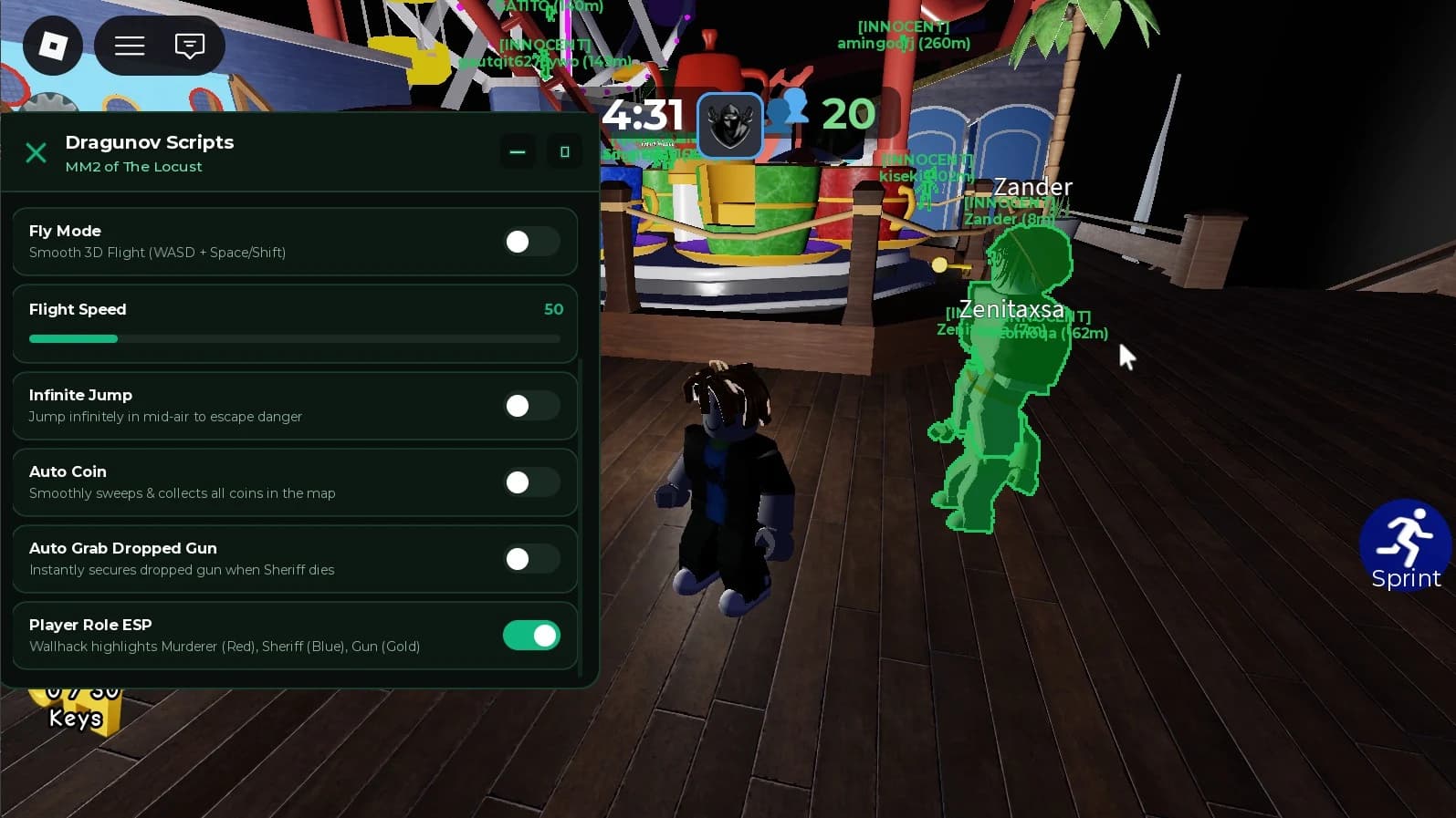 Fly Mode, Auto Coin, PLayer Role ESP