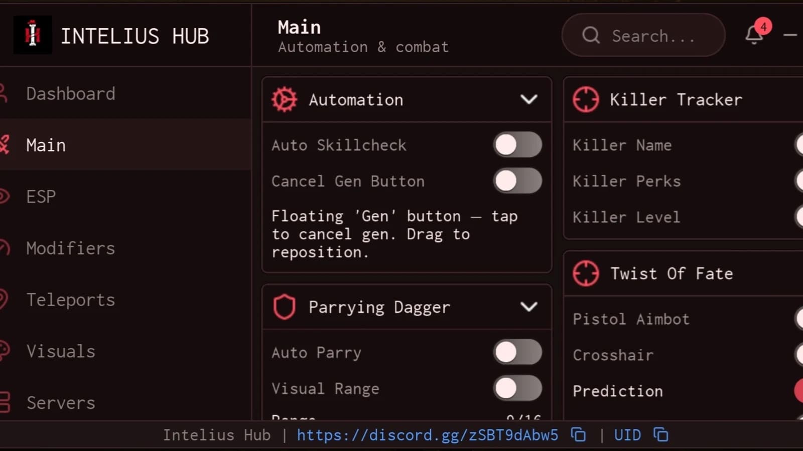 Intelius Hub -- Perfect skillcheck, Auto Parry, ESP, Aimbot