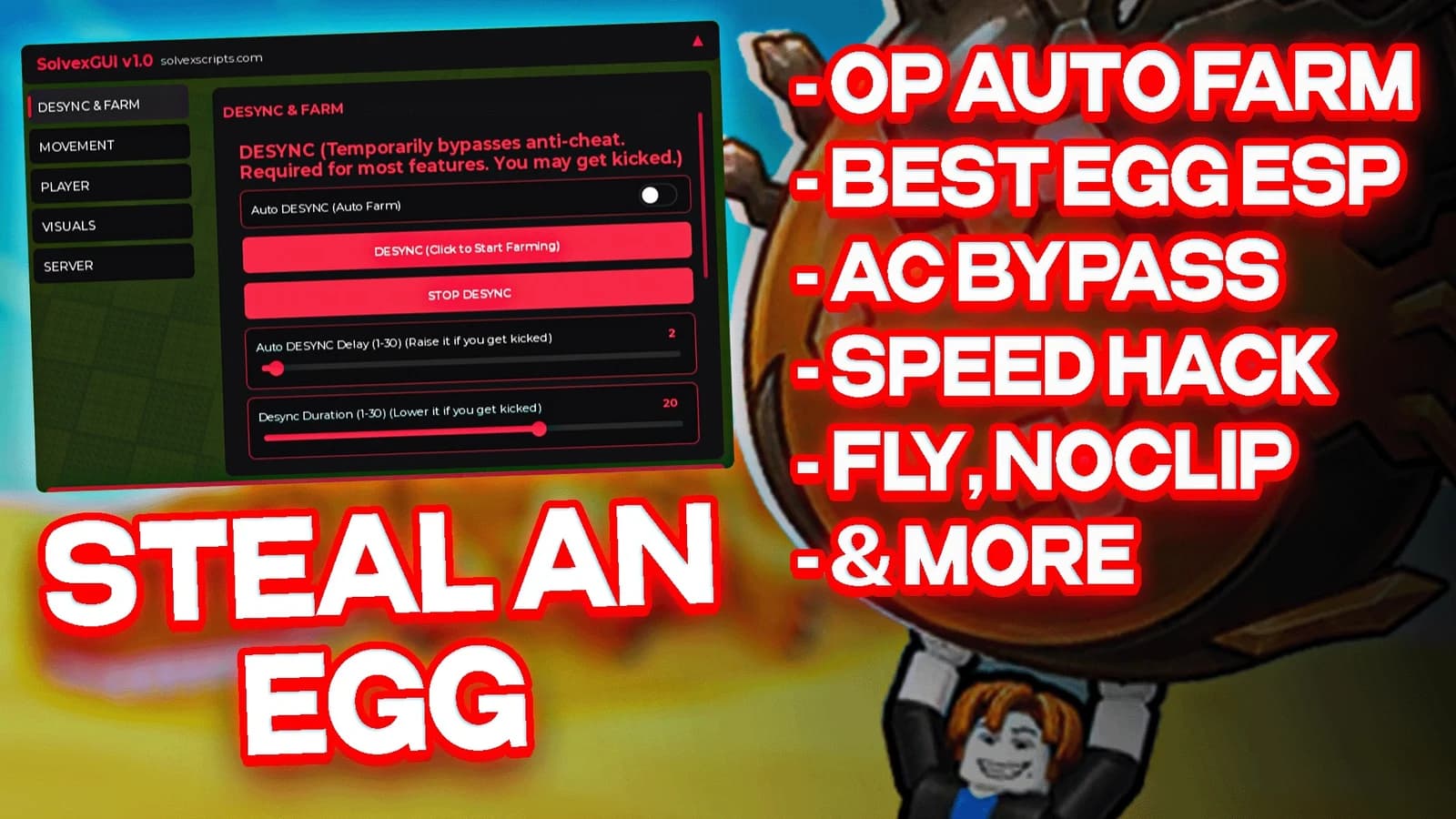 SolvexGUI OP Auto Egg Farm, Egg ESP, AC Bypass, Fly, Noclip 