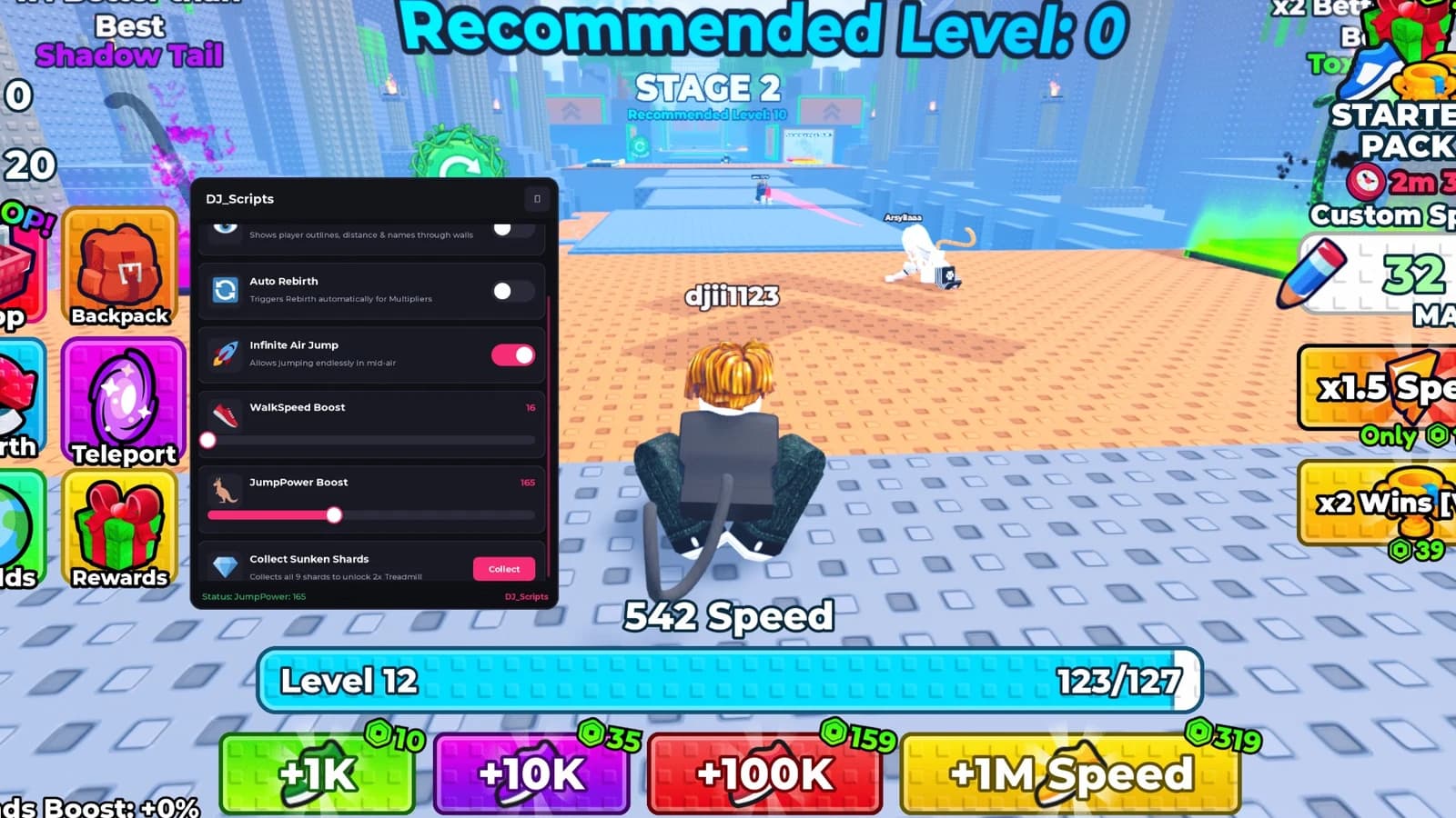 Auto Treadmil, Infinite Air Jump, Click to collect Shards...