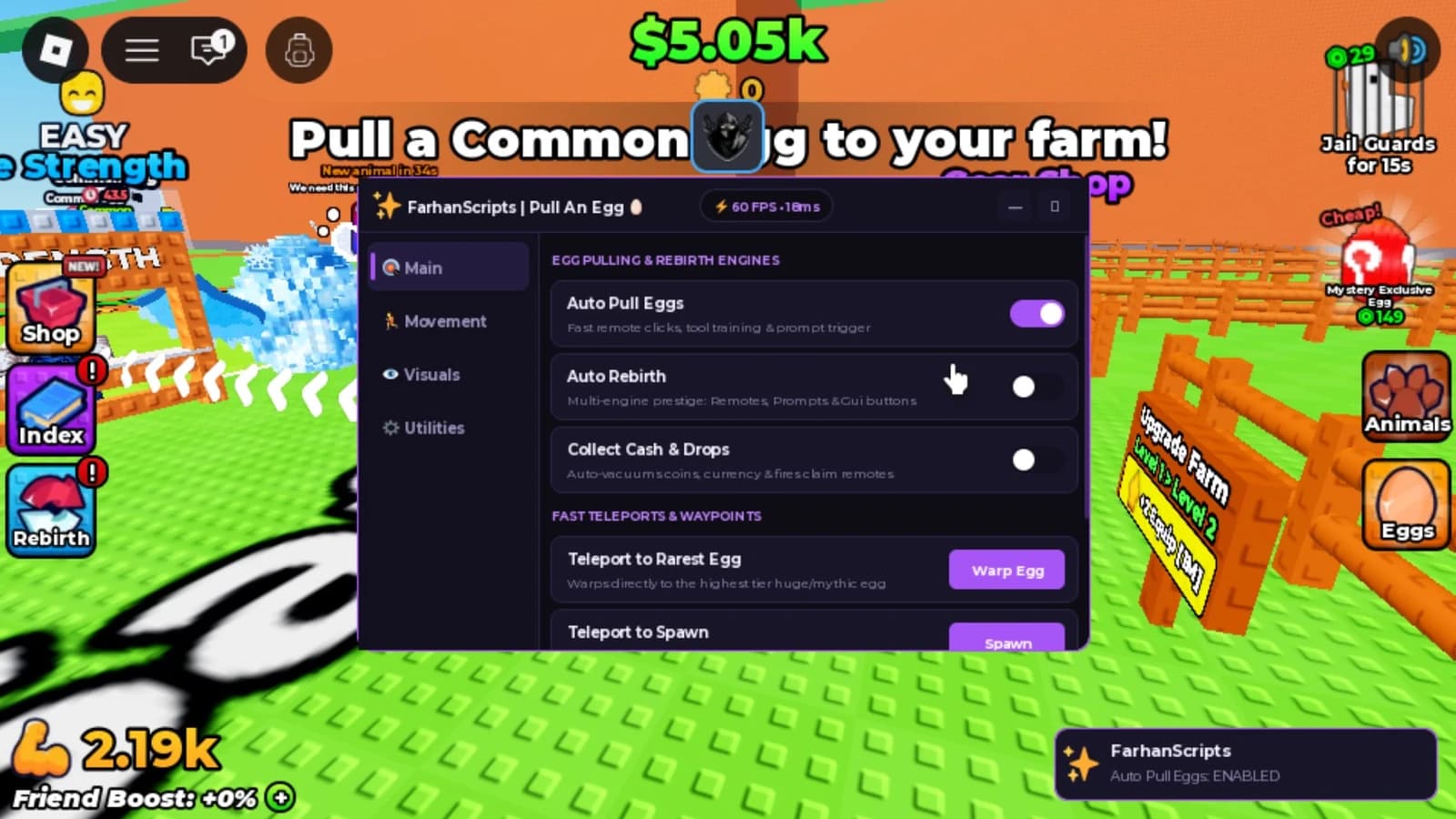 Auto Pull Eggs, Auto Rebirth, Collect Cash & More