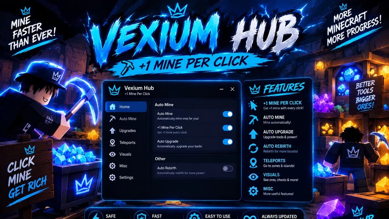 AUTO MINE • AUTO UPGRADE • AUTO REBIRTH • TELEPORTS 