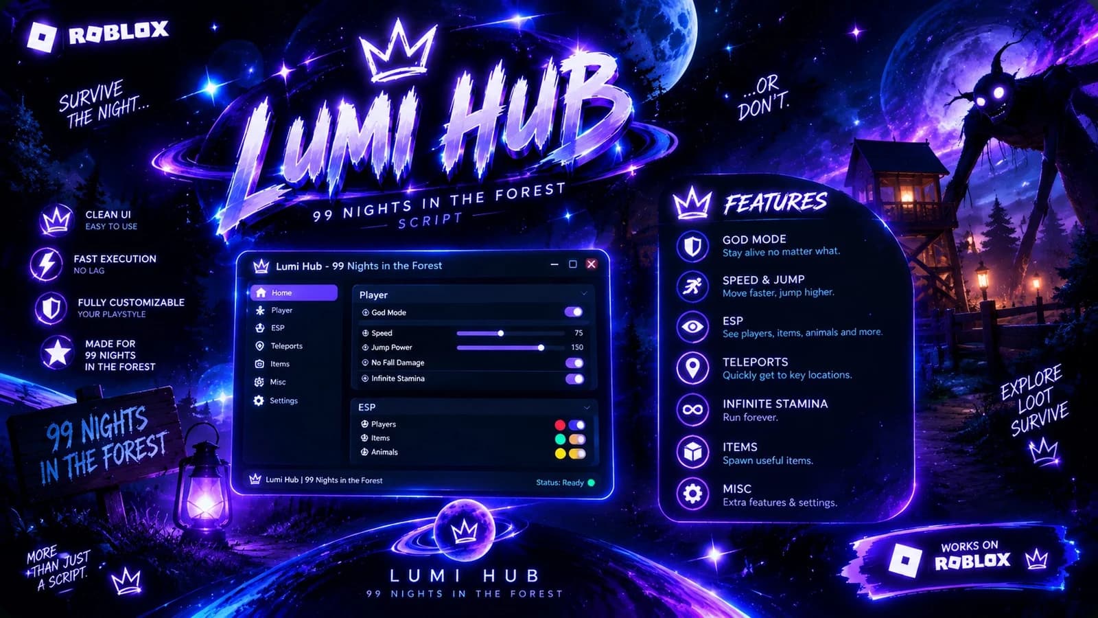 🌌 Lumi Hub | 99 Nights in the Forest | GOD MODE + ESP 