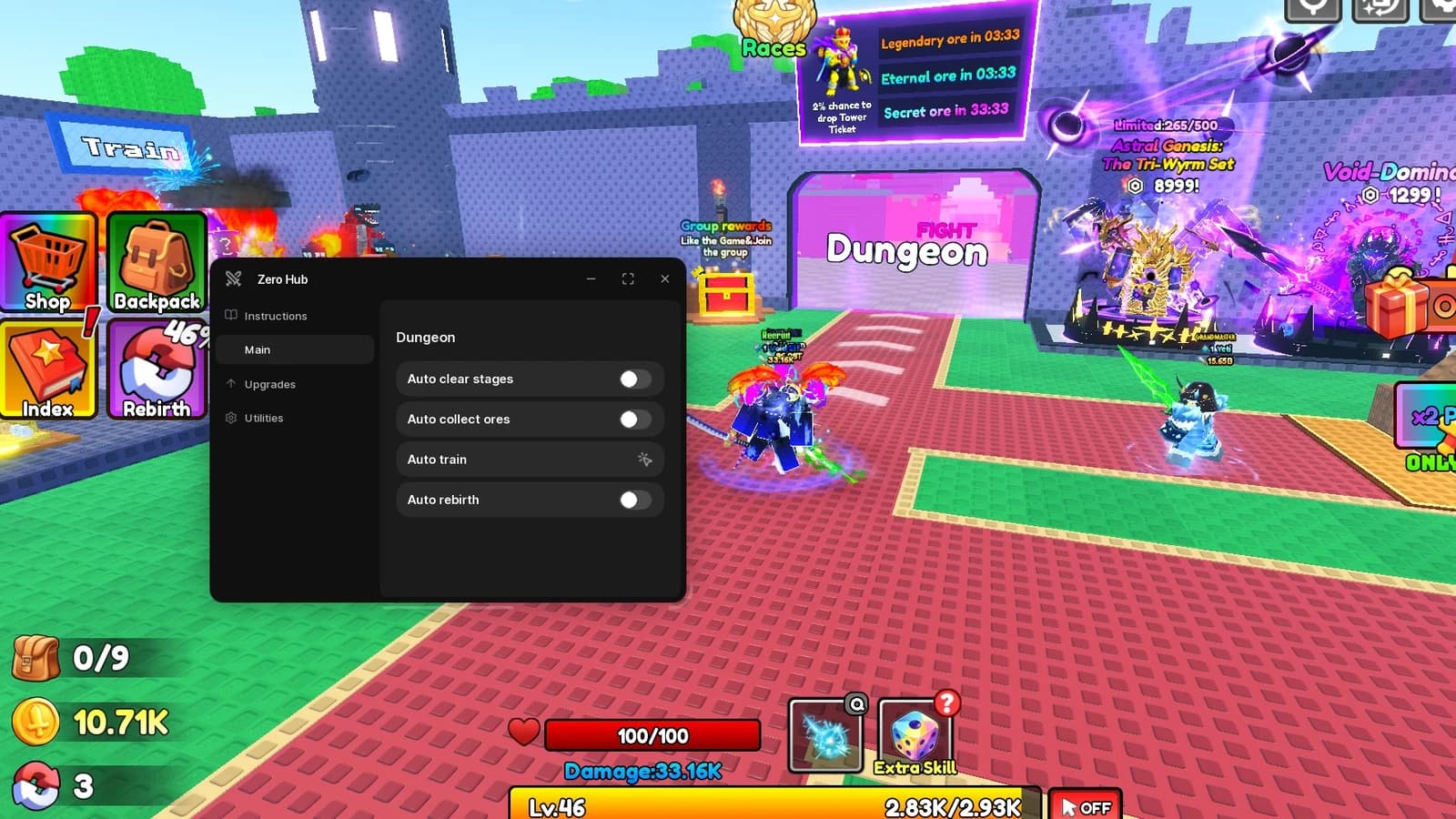 Auto clear stage, Auto ore, Auto upgrade, Auto all