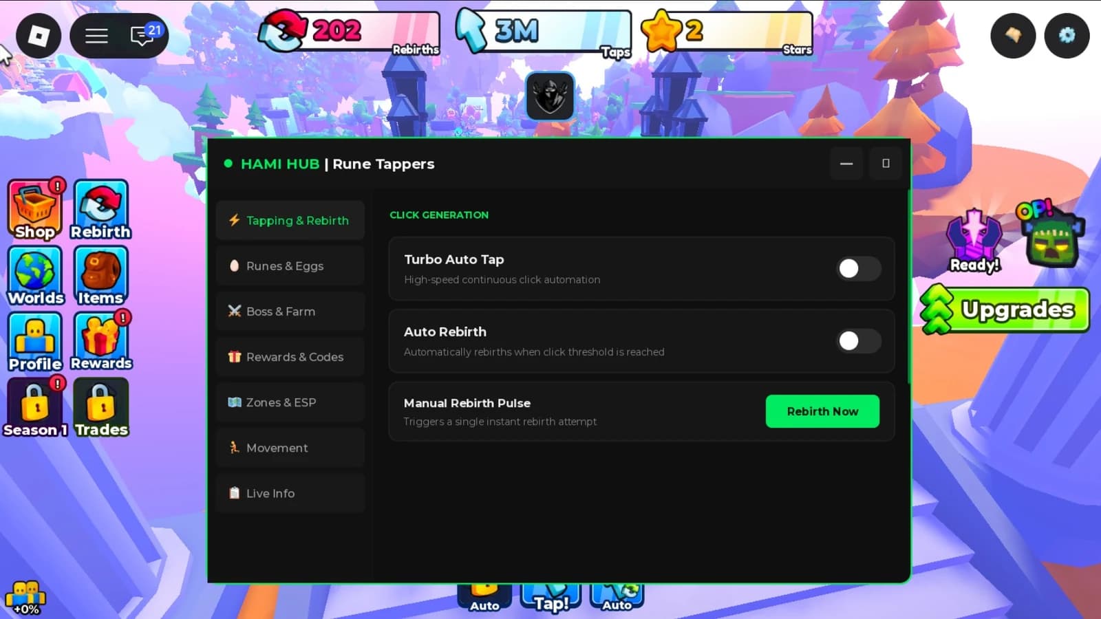 Auto Tap, Auto Hatch, ESP, Walk Speed, No Clip
