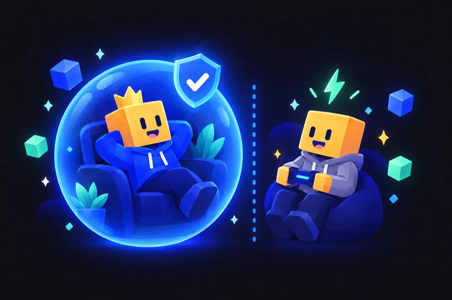 A main account resting safely in a protective bubble while a separate alt account plays