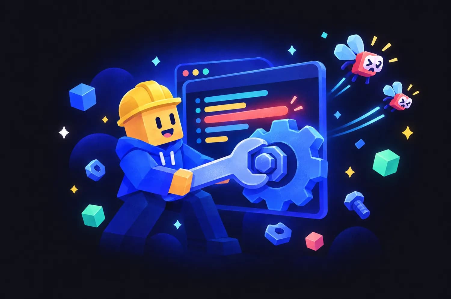 A player in a hard hat fixing a script window with a big wrench while bugs fly away