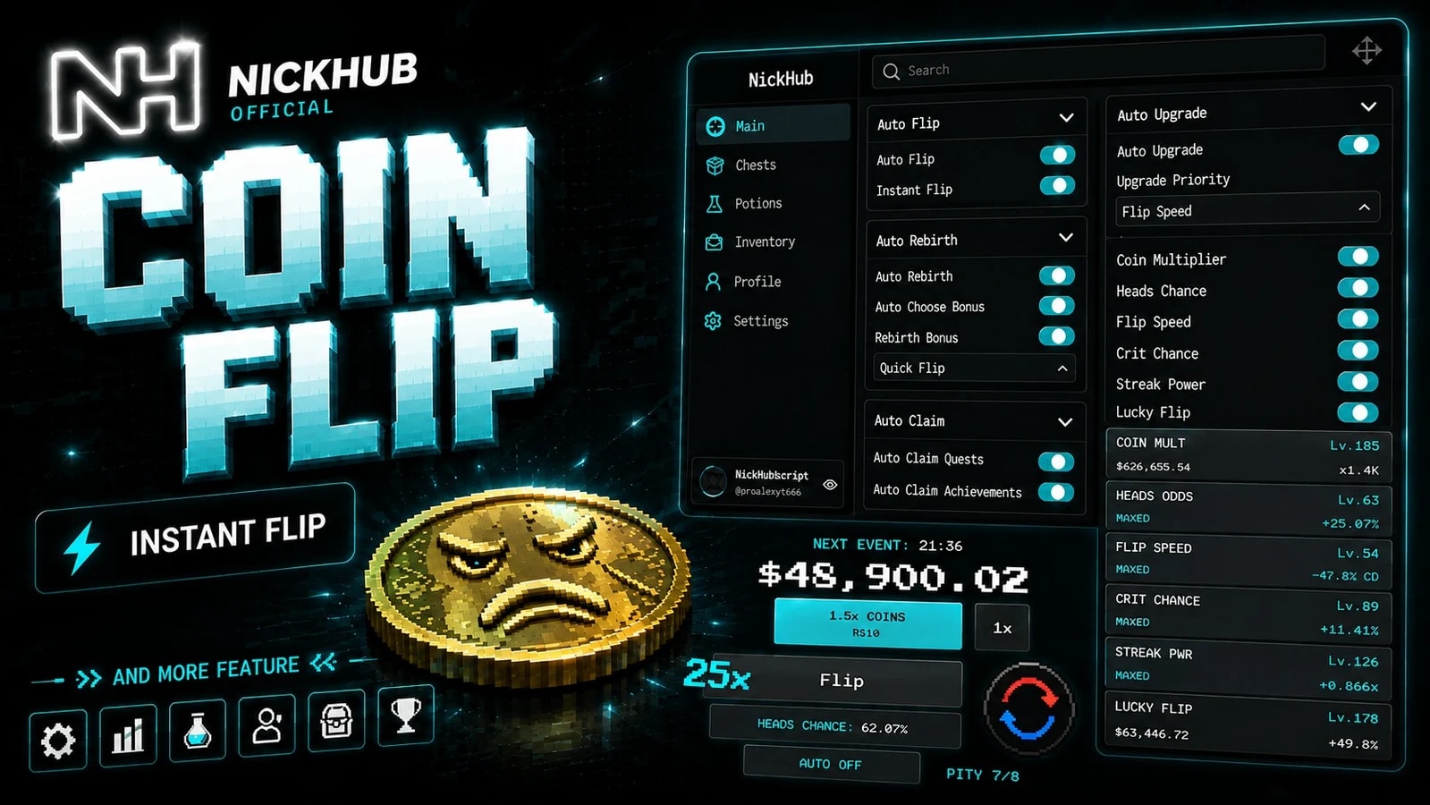 COIN FLIP | INSTANT FLIP | AUTO UPGRADE | AUTO REBIRTH | ETC
