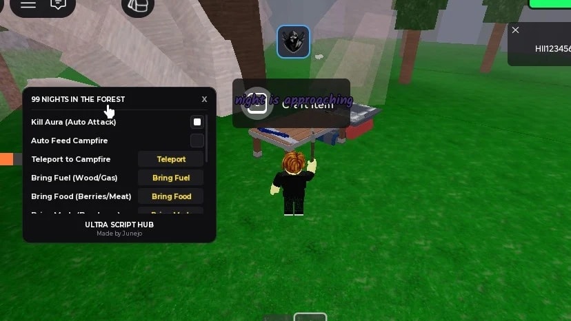 kill aura , auto feed , teleport to campfire , bring fuel ,