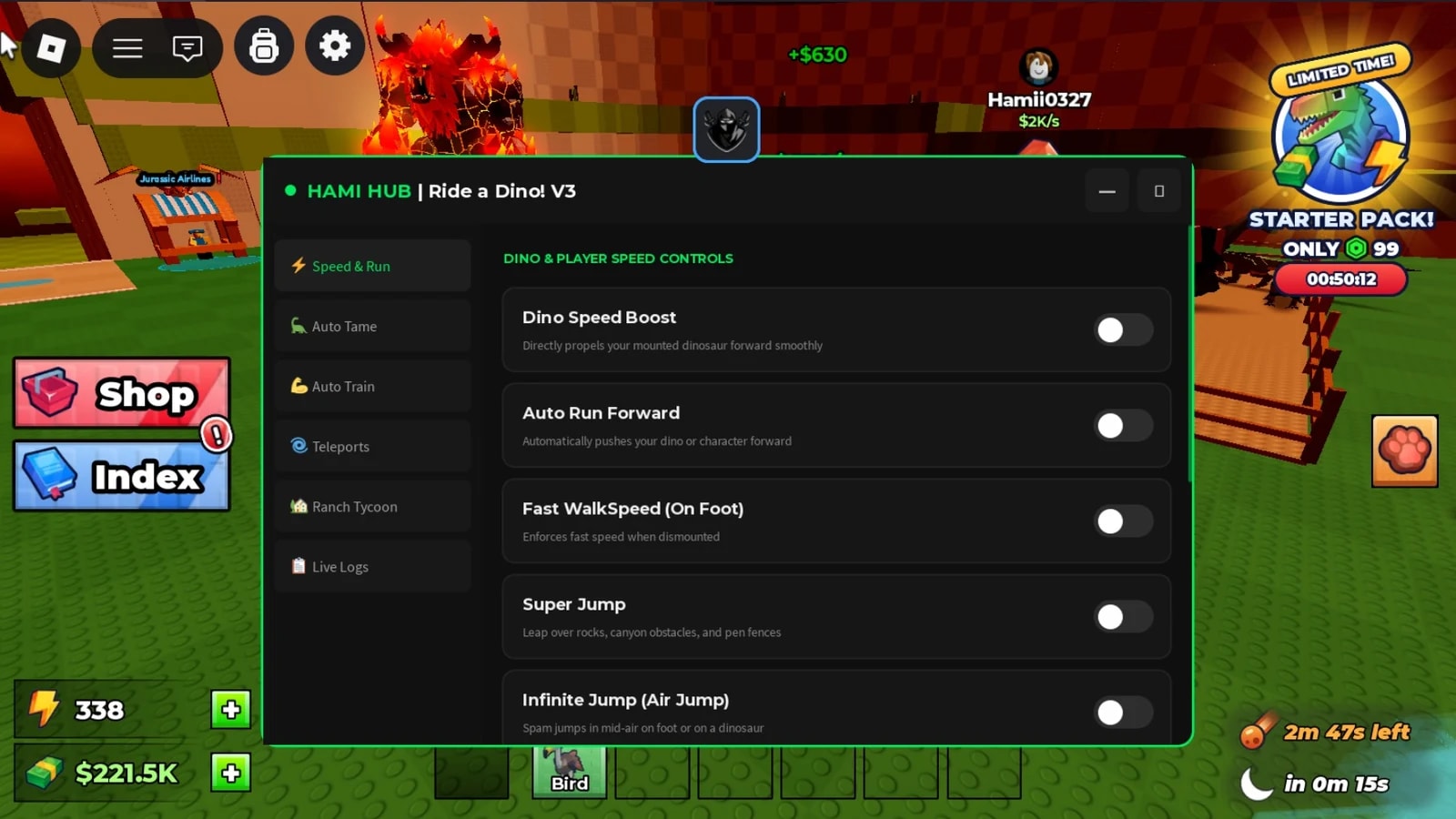 Auto Train, No Clip, Auto Tame, Auto Run, Teleport