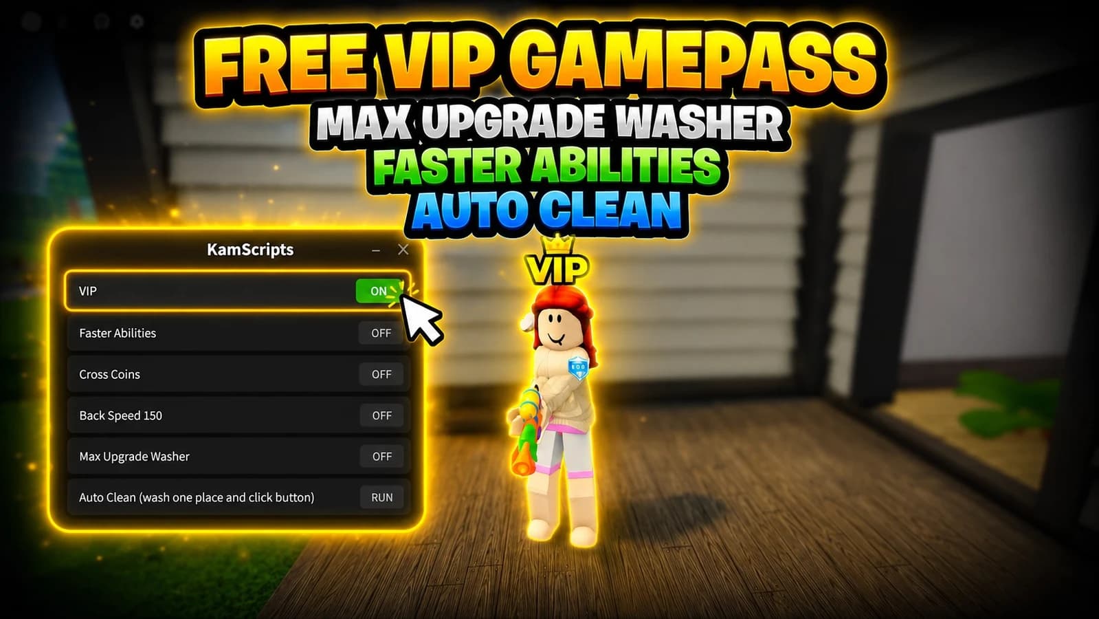 free vip gamepass, max washer, faster abilities, auto clean