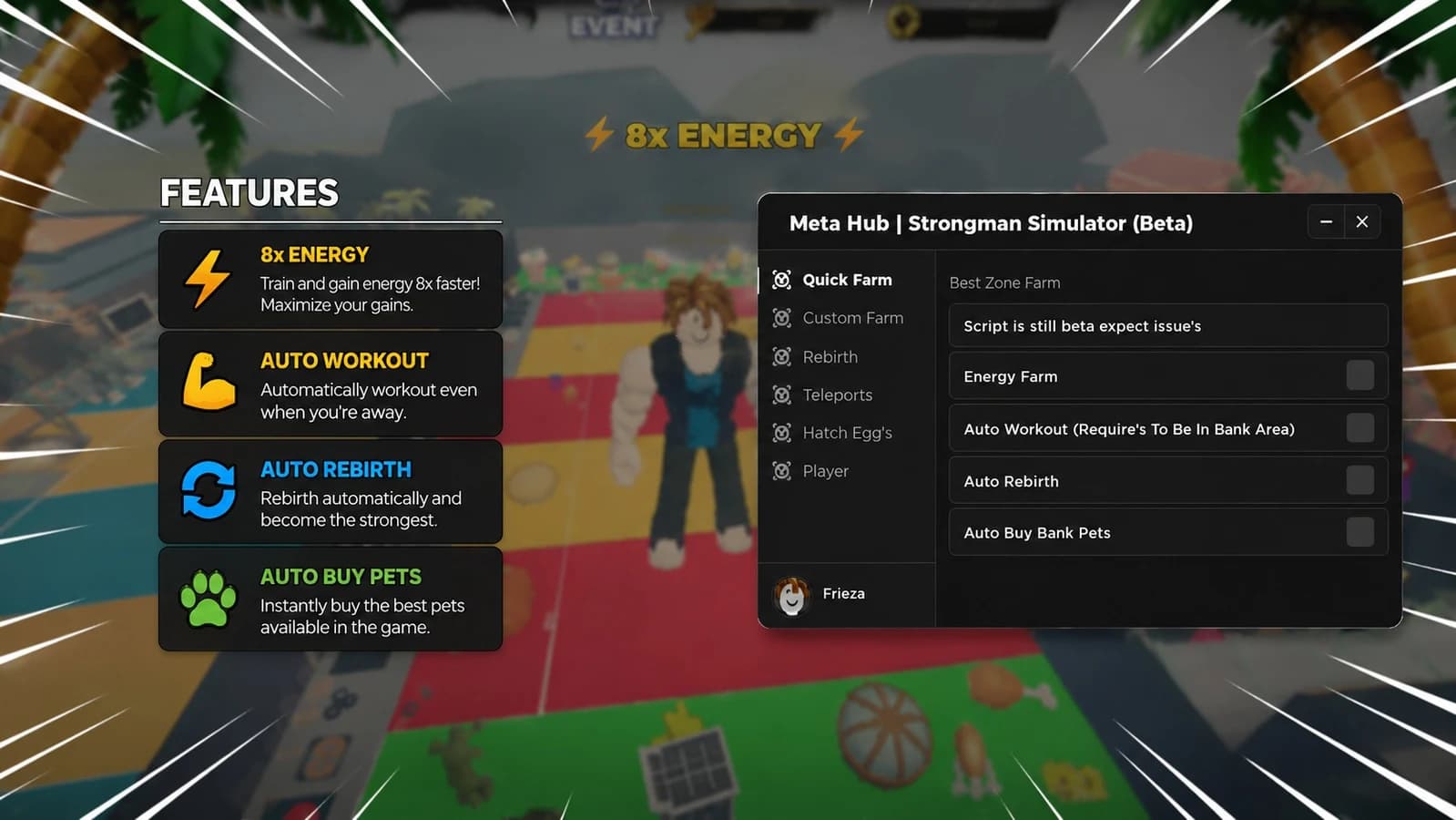 Auto farm, Auto farm energy, Auto workout, Auto hatch, More