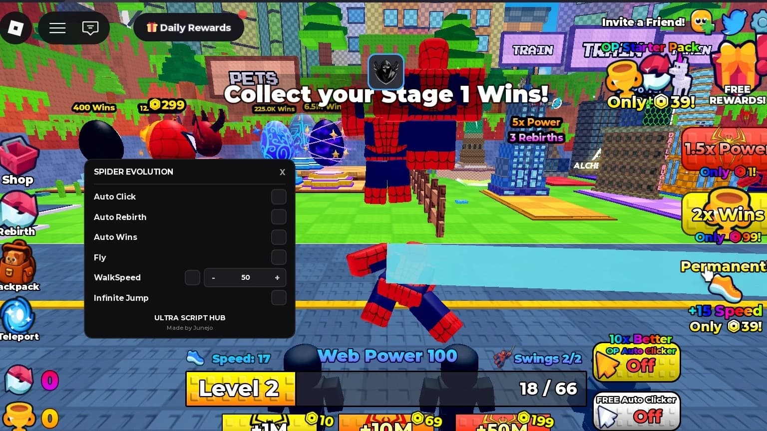 auto click , auto rebirth , auto wins , fly , walkpseed,