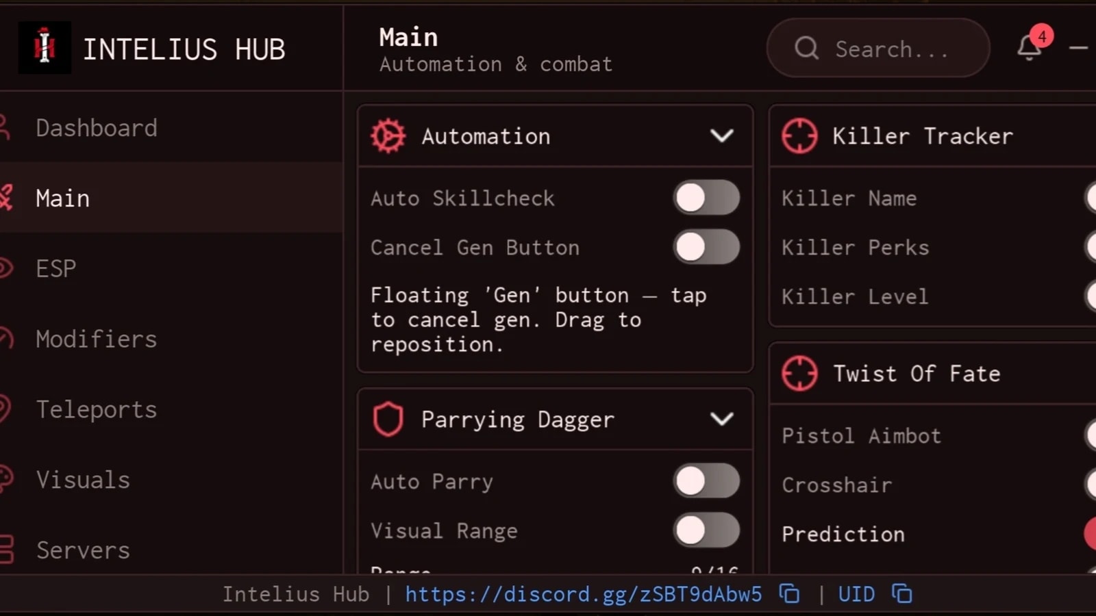Intelius Hub -- Perfect skillcheck, Auto Parry, ESP, Aimbot