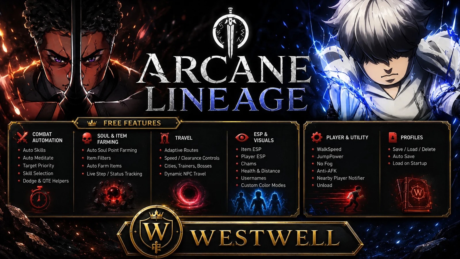 Auto Skills • Soul Farm • Item Farm • Travel • ESP • Profile