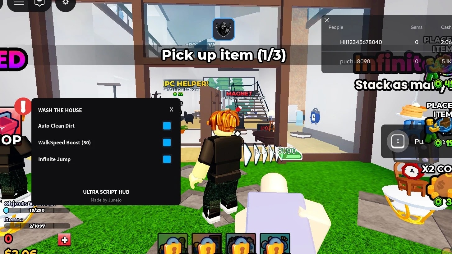 auto clean dirt , auto sort items wallkspeed , infinite jump