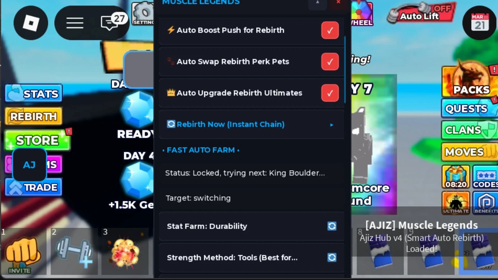 Stat Farm, Auto Rebirth, Strength, Equip Best Pet, and more