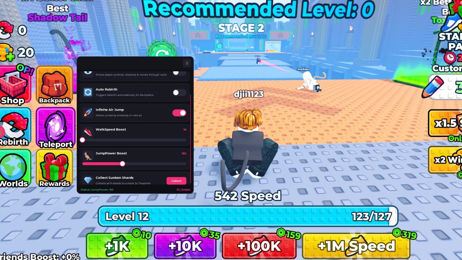 Auto Treadmil, Infinite Air Jump, Click to collect Shards...