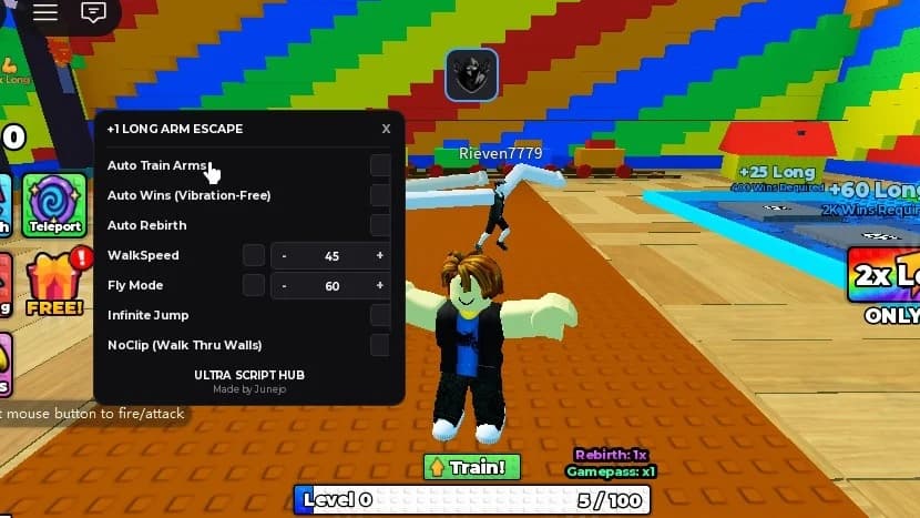 Auto Train Arms, Auto Wins Trophy, Auto Rebirth, Walk Speed,