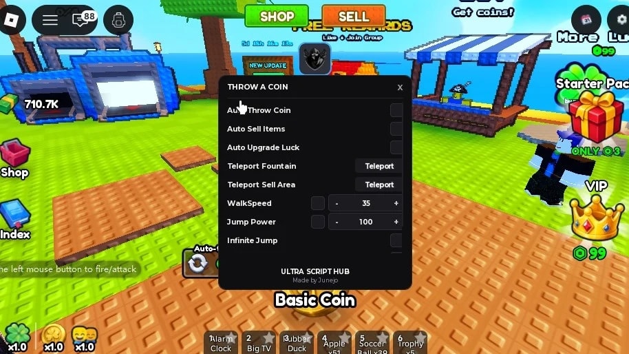 auto throw coin s, auto sell , auto upgrade , walkpseed,