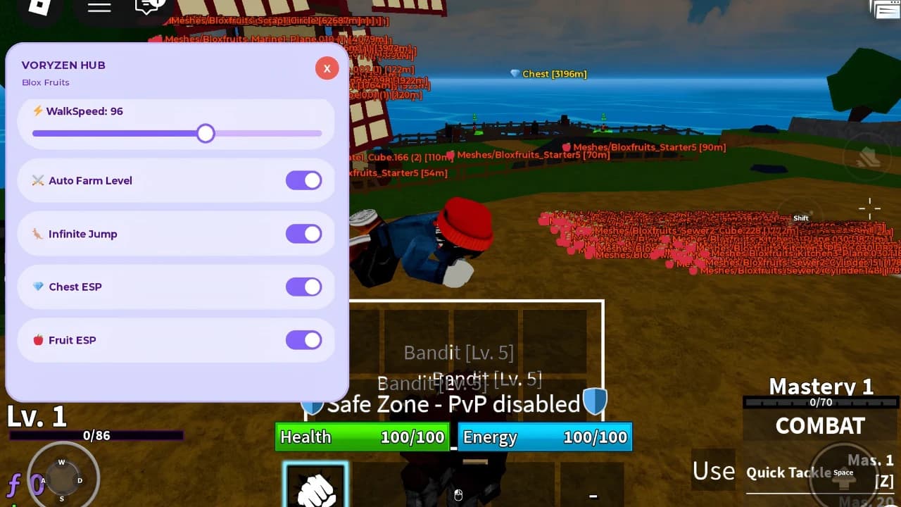Inf jump, Chest Esp, Fruit Esp, Auto Farm Level