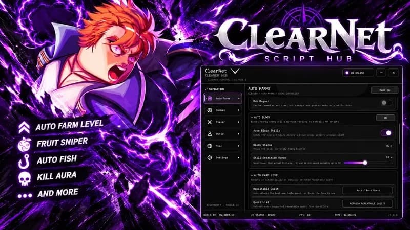 ClearNet ┃Fruit Sniper Auto Fish Level Farm ┃Description
