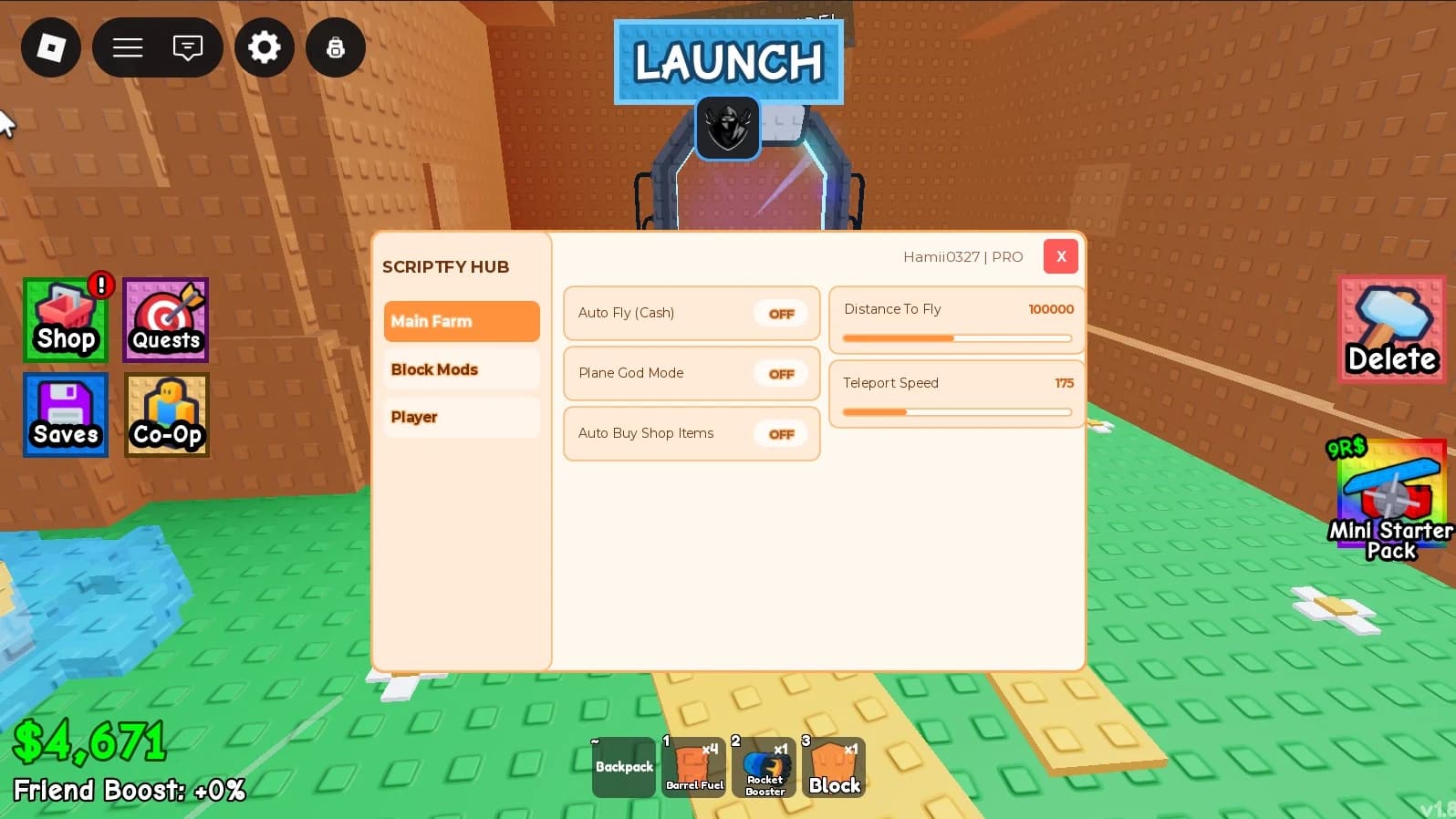 Auto Fly, God Mode, Auto Buy, Inf Fuel, Wing Lift