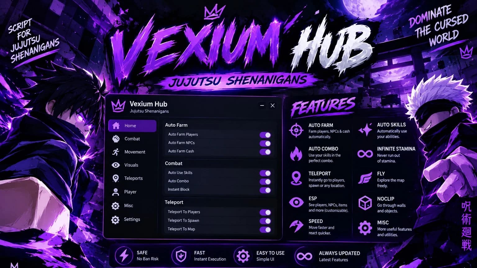 AUTO FARM • AUTO SKILLS • AUTO COMBO • TELEPORT • ESP • FLY