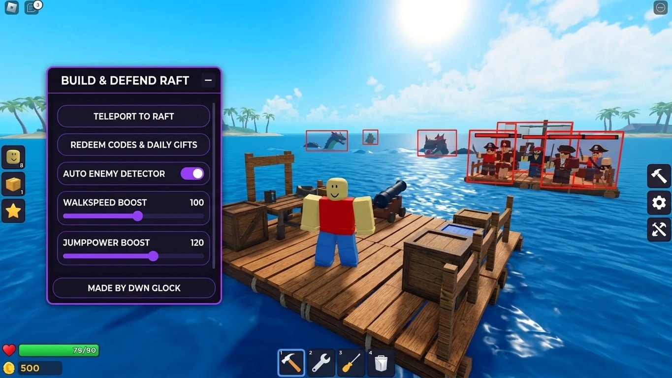 Auto Detect Enemy,Teleport to Raft,Redeem Codes & More.