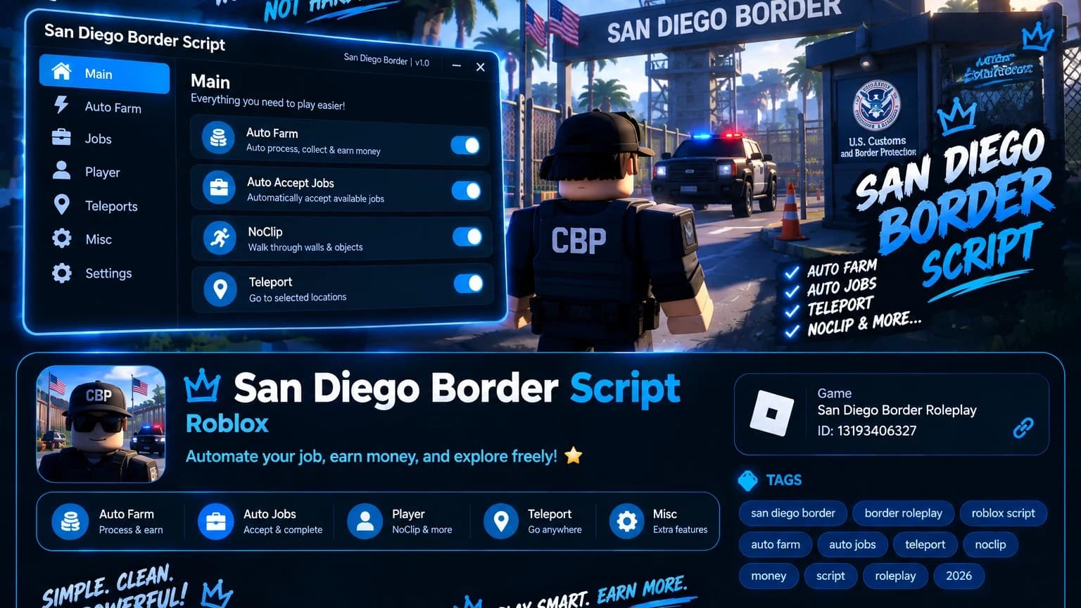 San Diego Border Script | Auto Farm, Auto Jobs, Teleport & M