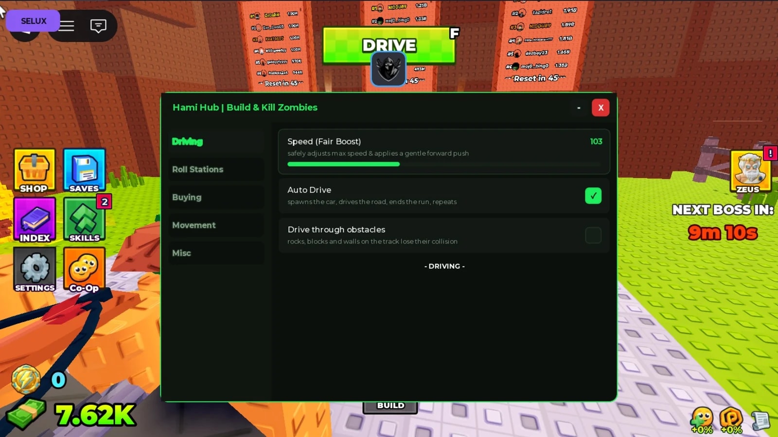 Auto Drive, Auto Roll, Auto Buy, Anti AFK