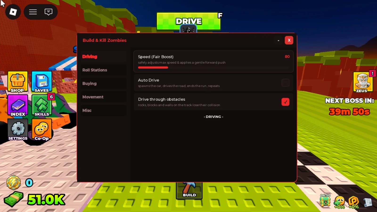 Auto Roll, Auto Buy, Drive Speed, Auto Drive