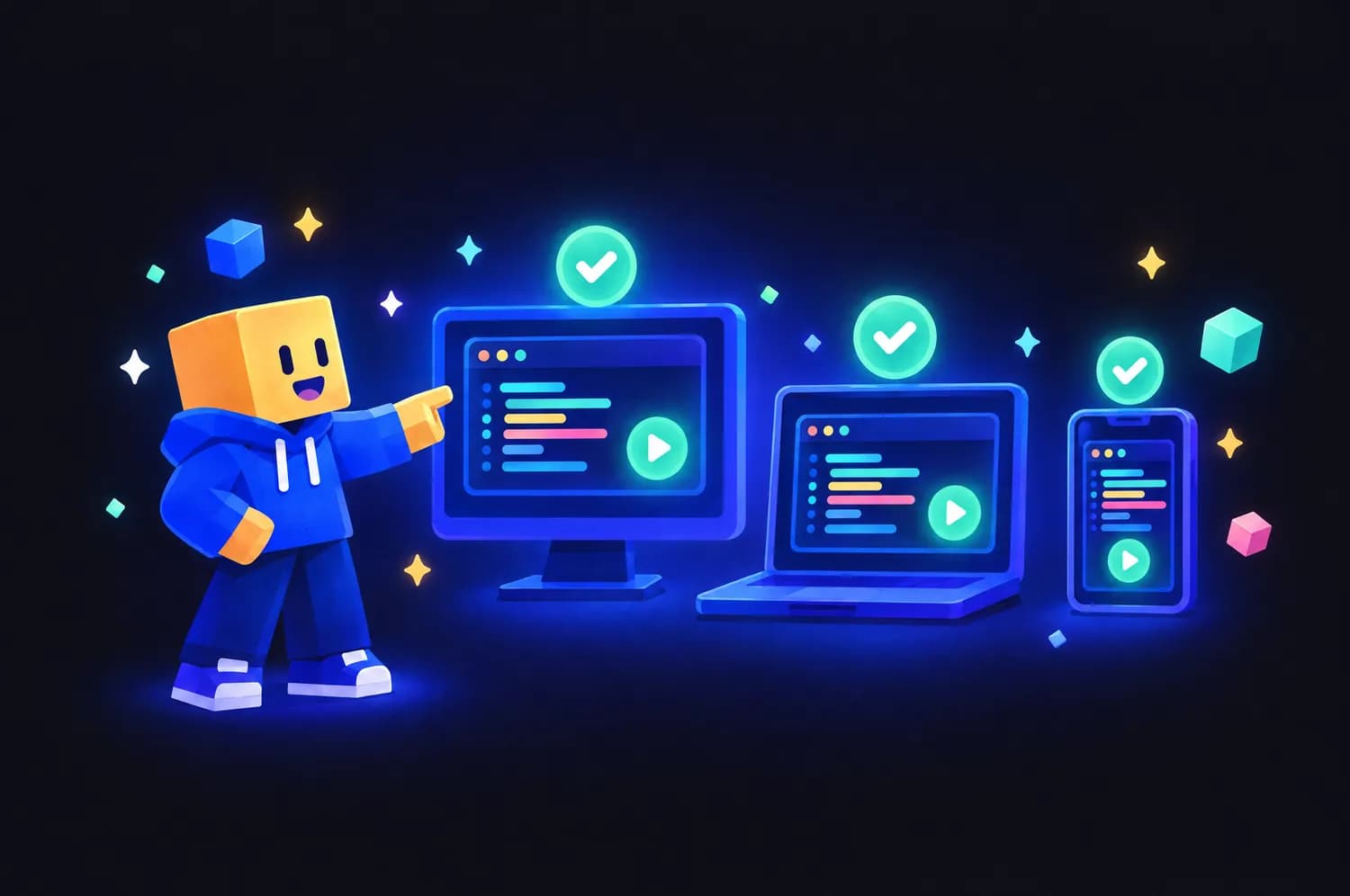 A blocky player pointing at a desktop, a laptop and a phone, each running an executor