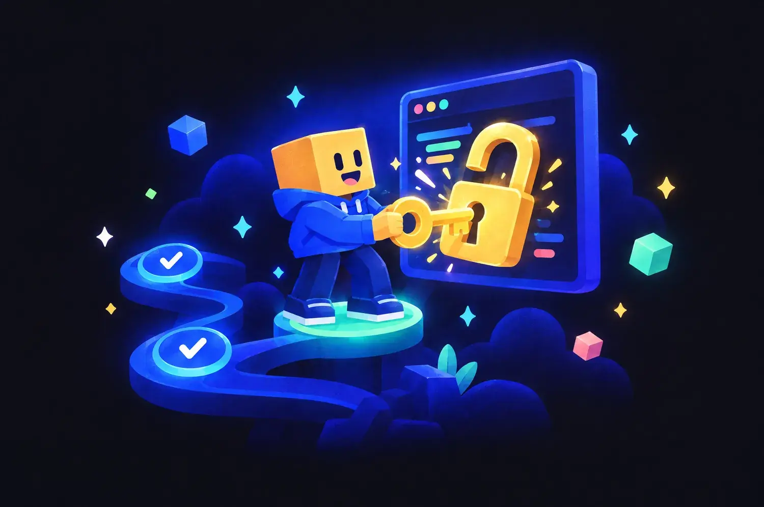 A player turning a golden key in a padlock on a script window