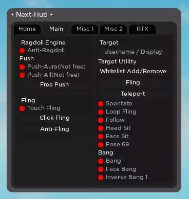Preview of Roblox Script - Ragdoll Engine | NEXT HUB | Fling All, Push Aura, Trolling, Local Player, RTX & More